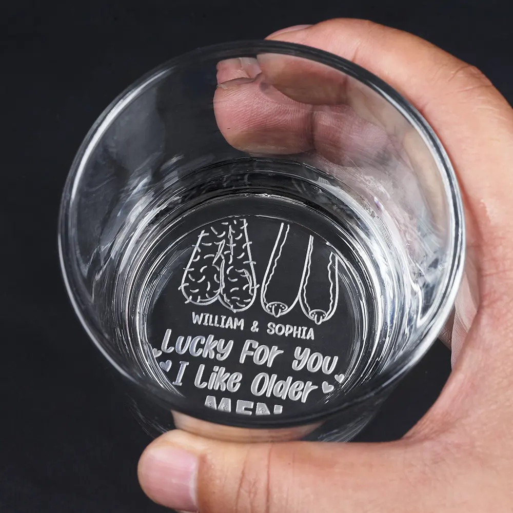 Gift For Couples, Old Couples - Lucky For You I Like Older Men - Personalized Engraved Whiskey Glass
