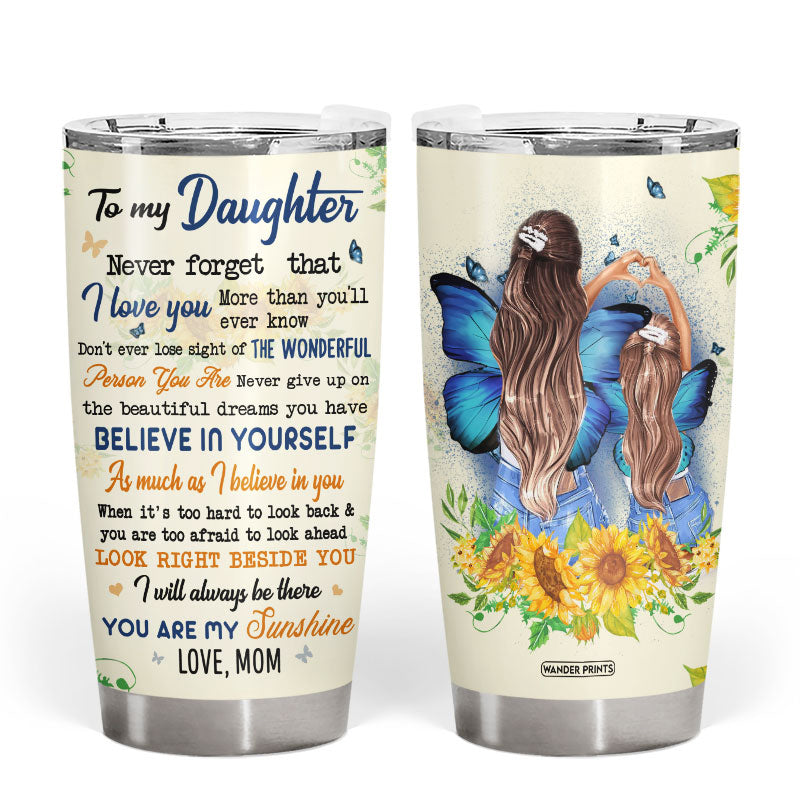 Wander Prints Daughter's Gifts - Birthday Gifts for Daughter & Daughter Gifts From Mom, Grandma - Stainless Steel Butterfly Tumbler 20oz Gifts from Mom, Mom To Daughter You Are My Sunshine Travel Coffe Mug with Lid