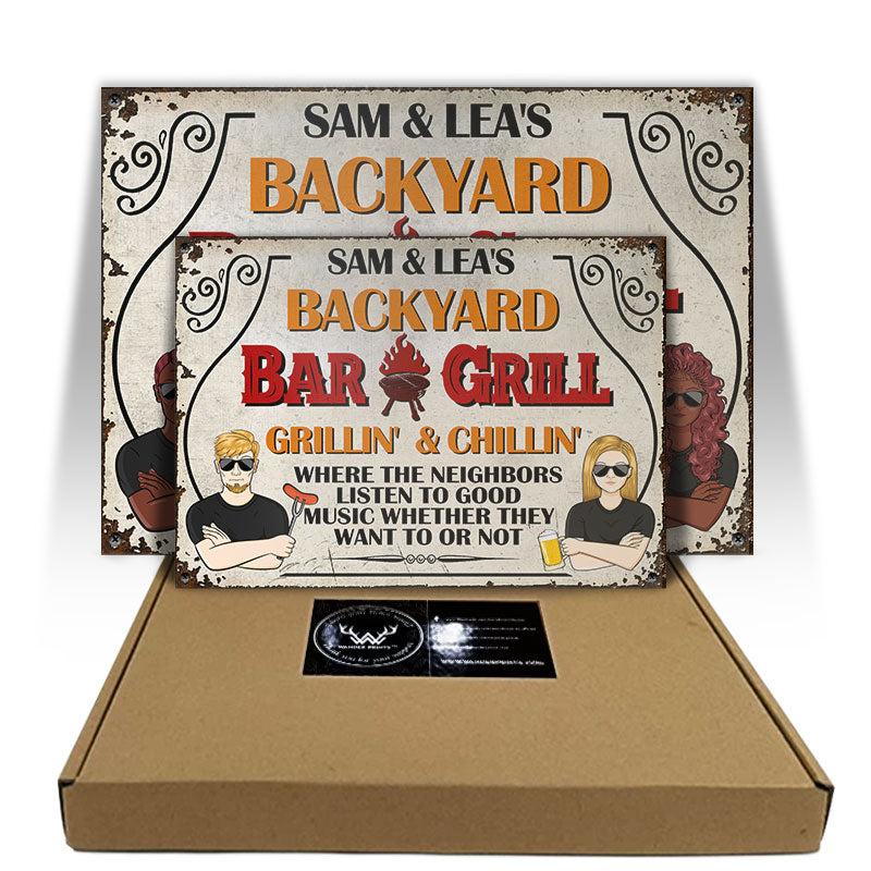 Backyard Bar & Grill Listen To Good Music - Personalized Custom Classic Metal Signs