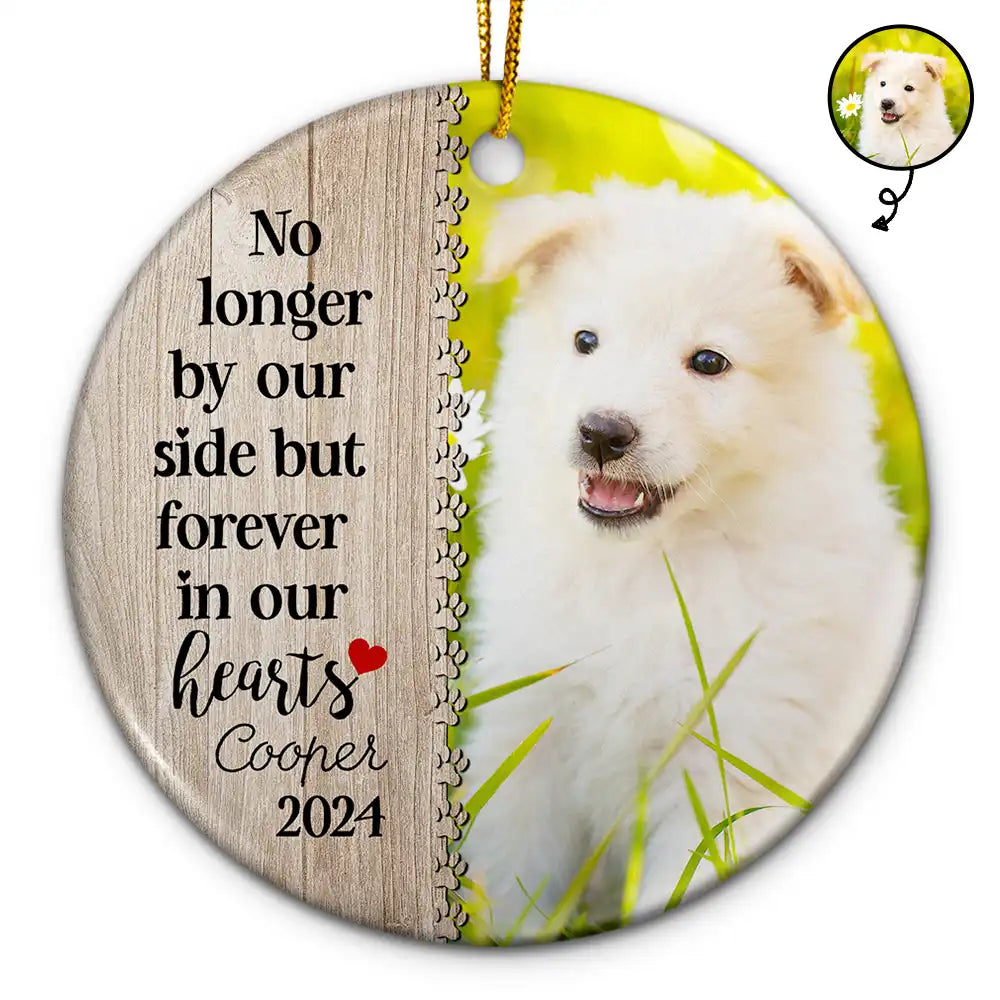 Custom Photo Dog Cat Forever In Our Hearts - Christmas Memorial Gift - Personalized Custom Circle Ceramic Ornament