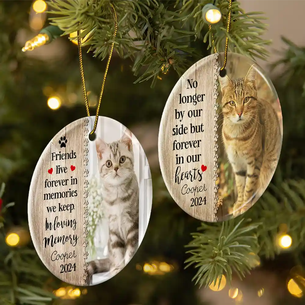 Custom Photo Dog Cat Forever In Our Hearts - Christmas Memorial Gift - Personalized Custom Circle Ceramic Ornament