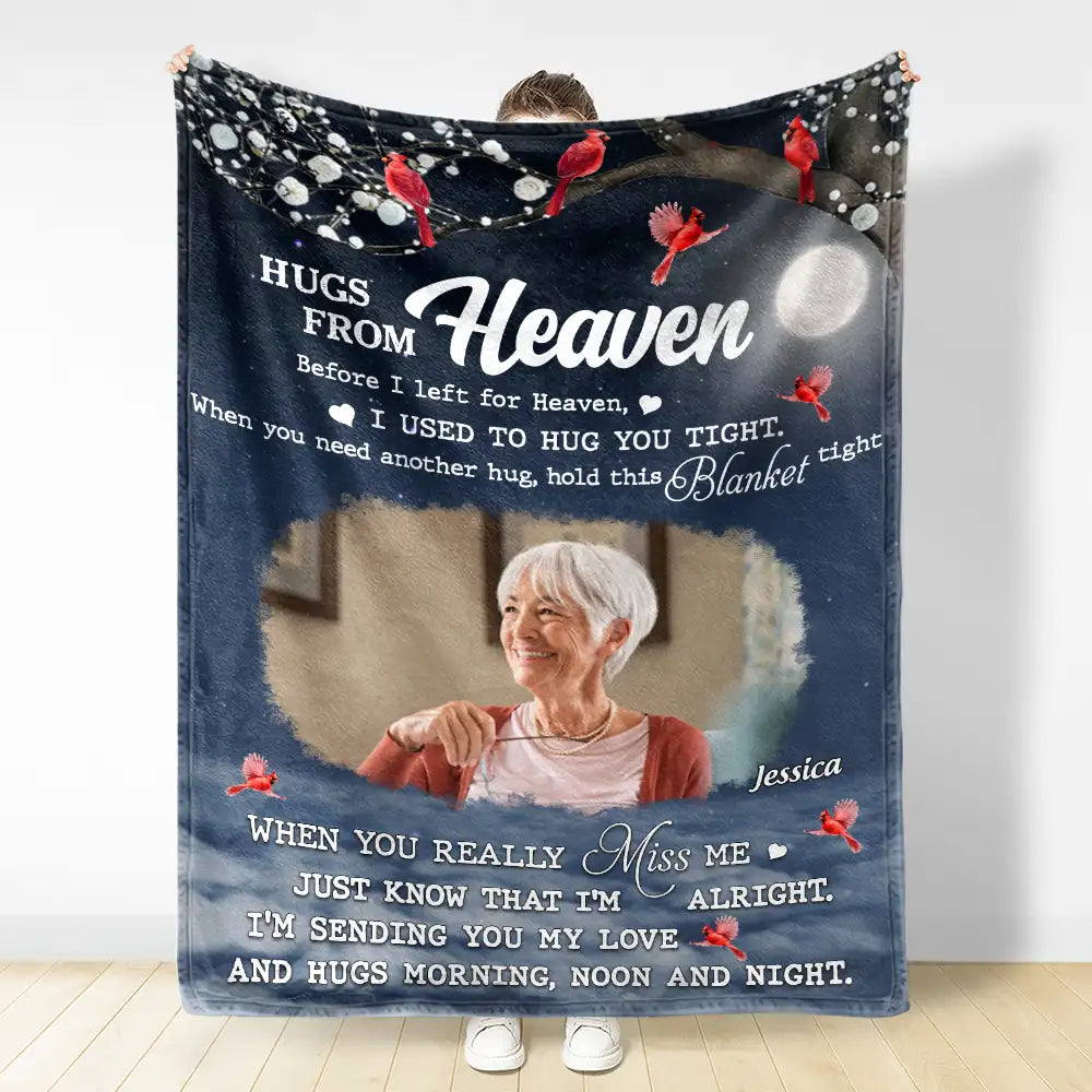 Custom Photo Hugs From Heaven Memorial - Personalized Fleece Blanket, Sherpa Blanket