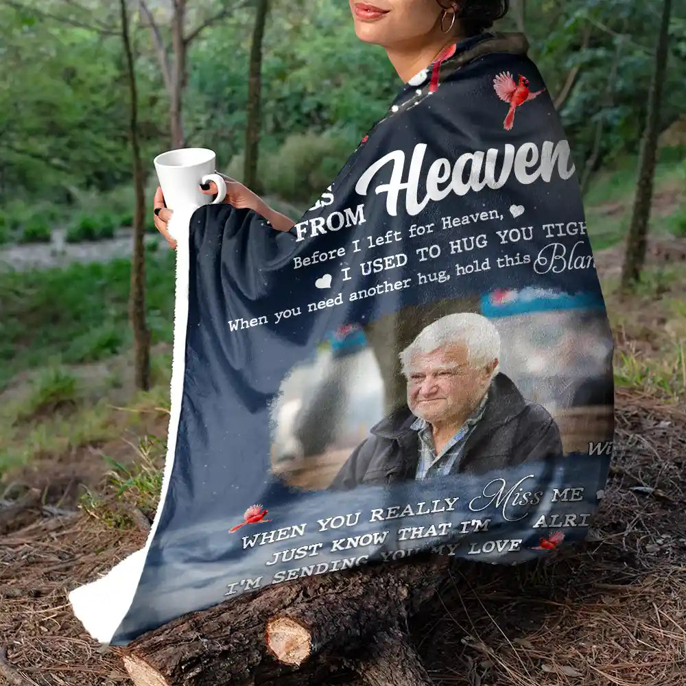 Custom Photo Hugs From Heaven Memorial - Personalized Fleece Blanket, Sherpa Blanket