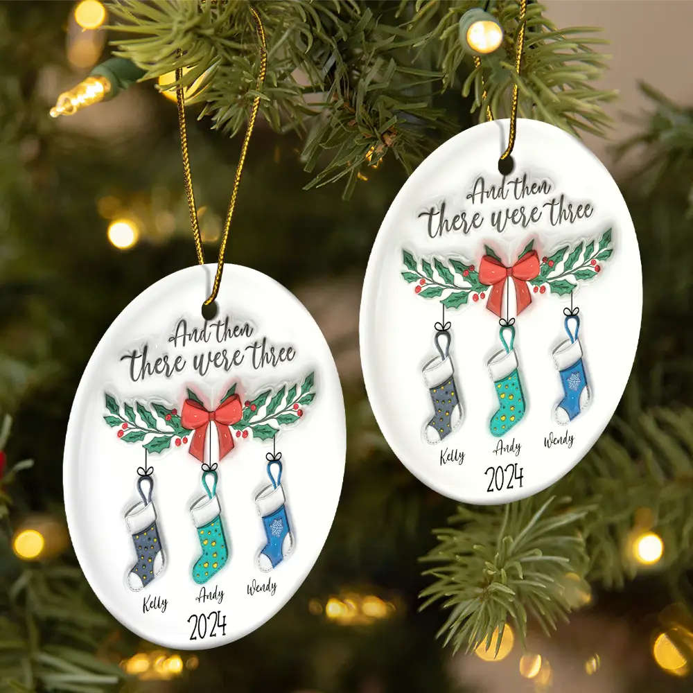 And The There Were Family Christmas - 3D Inflated Effect Printed Ornament, Personalized Circle Ceramic Ornament