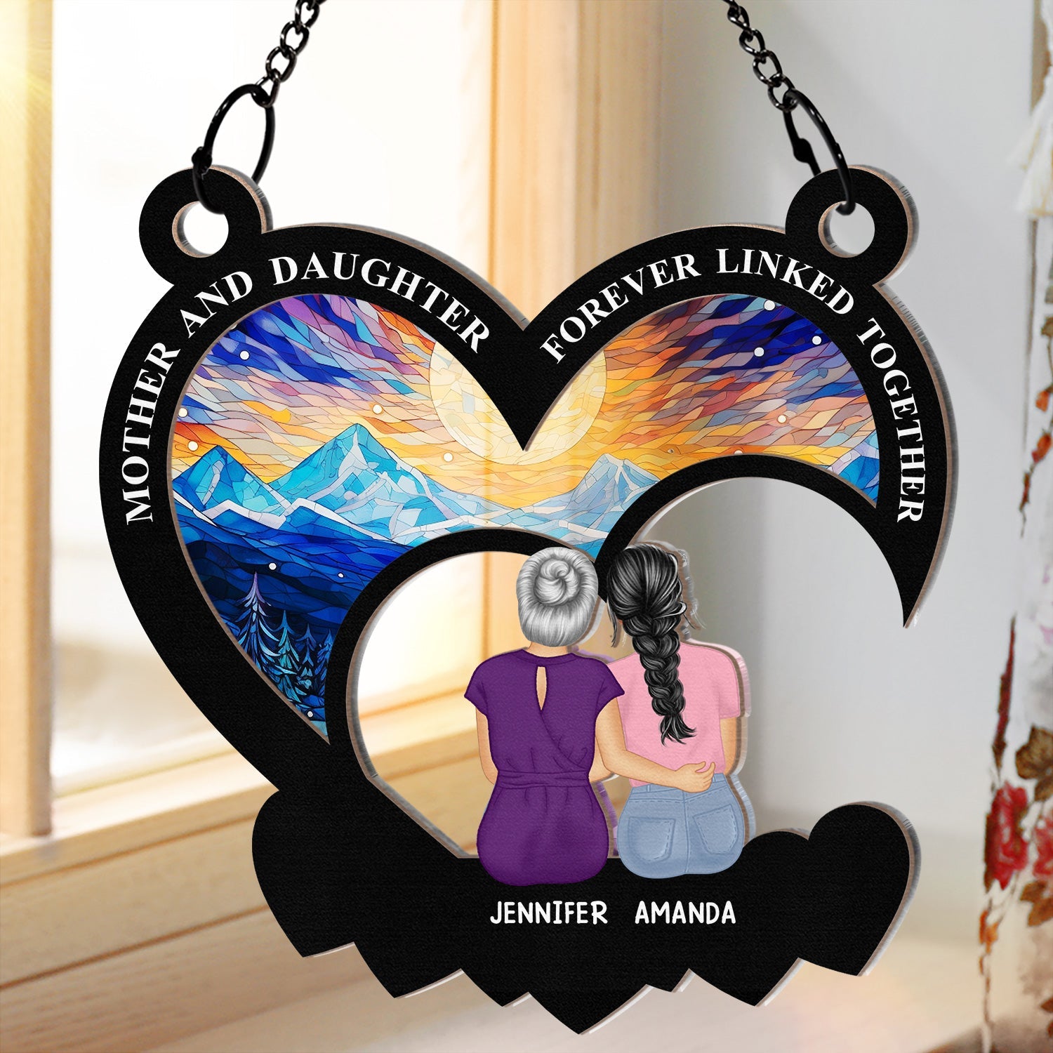 Mother And Daughters Forever Linked Together - Personalized Window Hanging Suncatcher Ornament