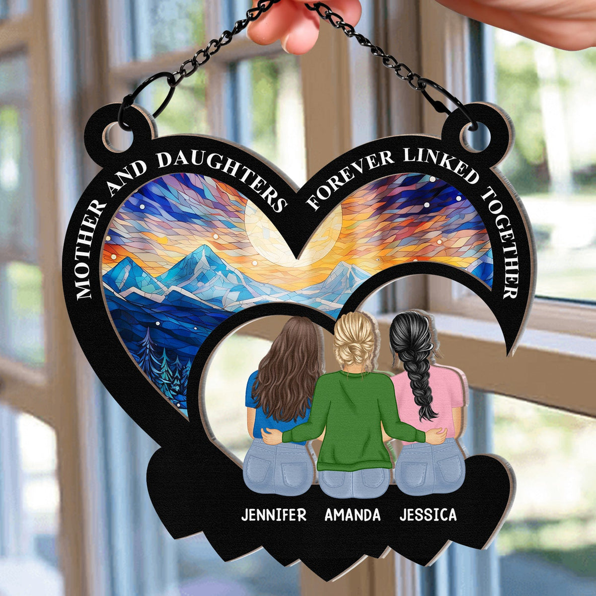 Mother And Daughters Forever Linked Together - Personalized Window Hanging Suncatcher Ornament