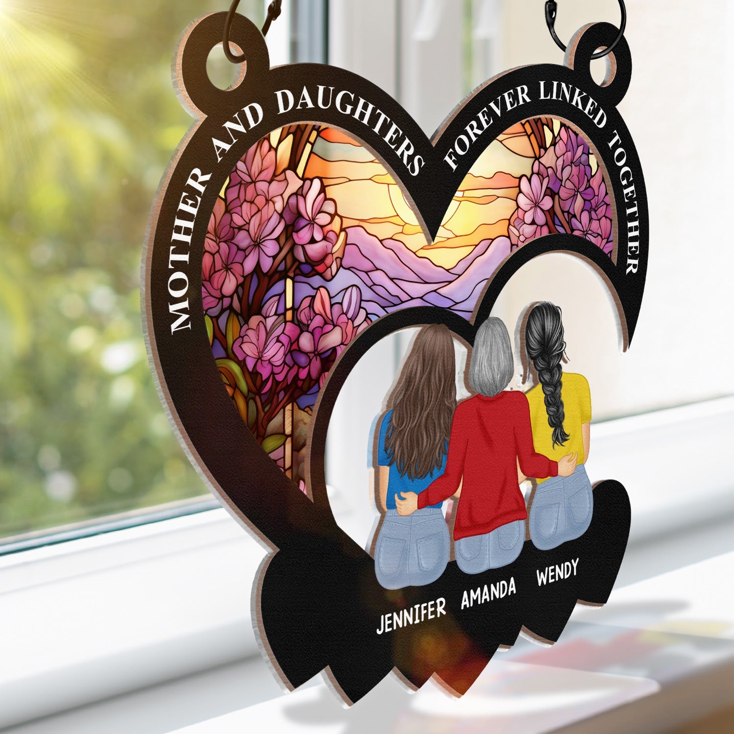 Mother And Daughters Forever Linked Together - Personalized Window Hanging Suncatcher Ornament