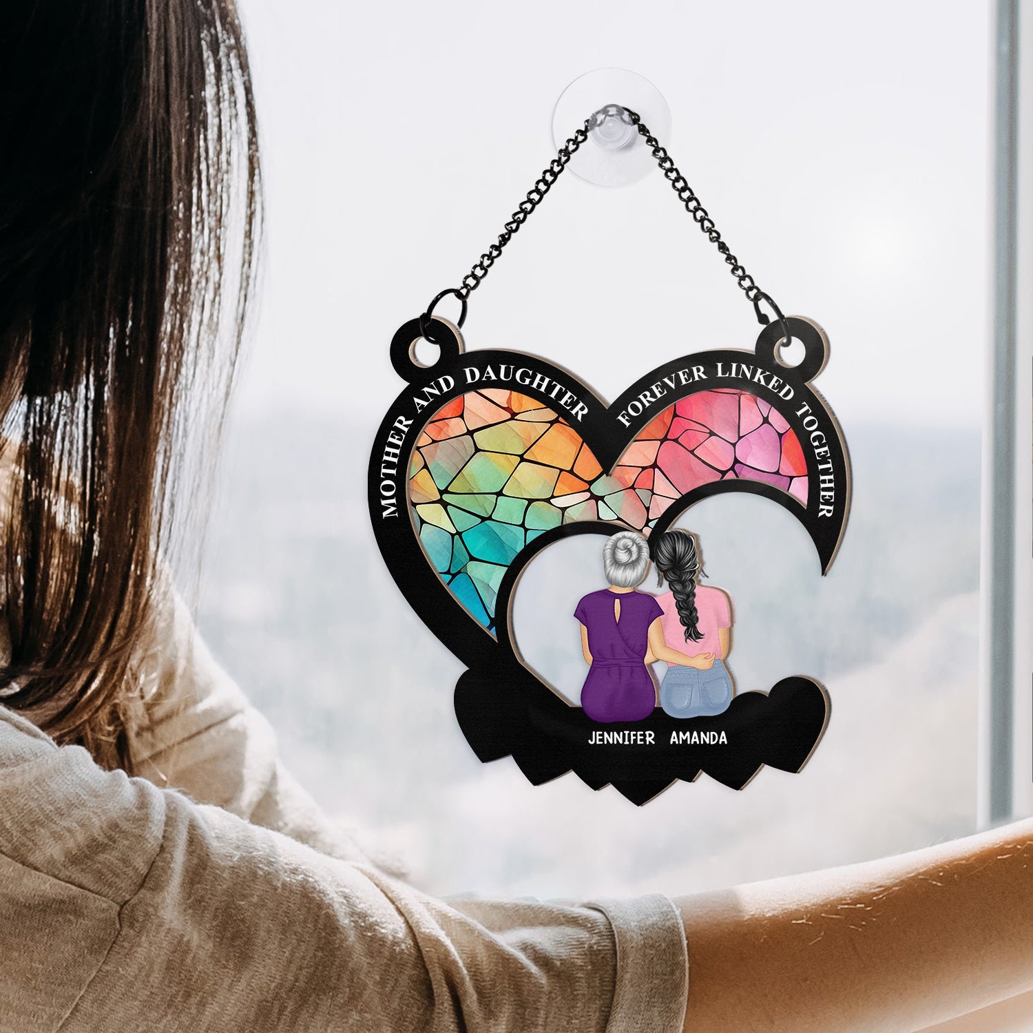 Mother And Daughters Forever Linked Together - Personalized Window Hanging Suncatcher Ornament