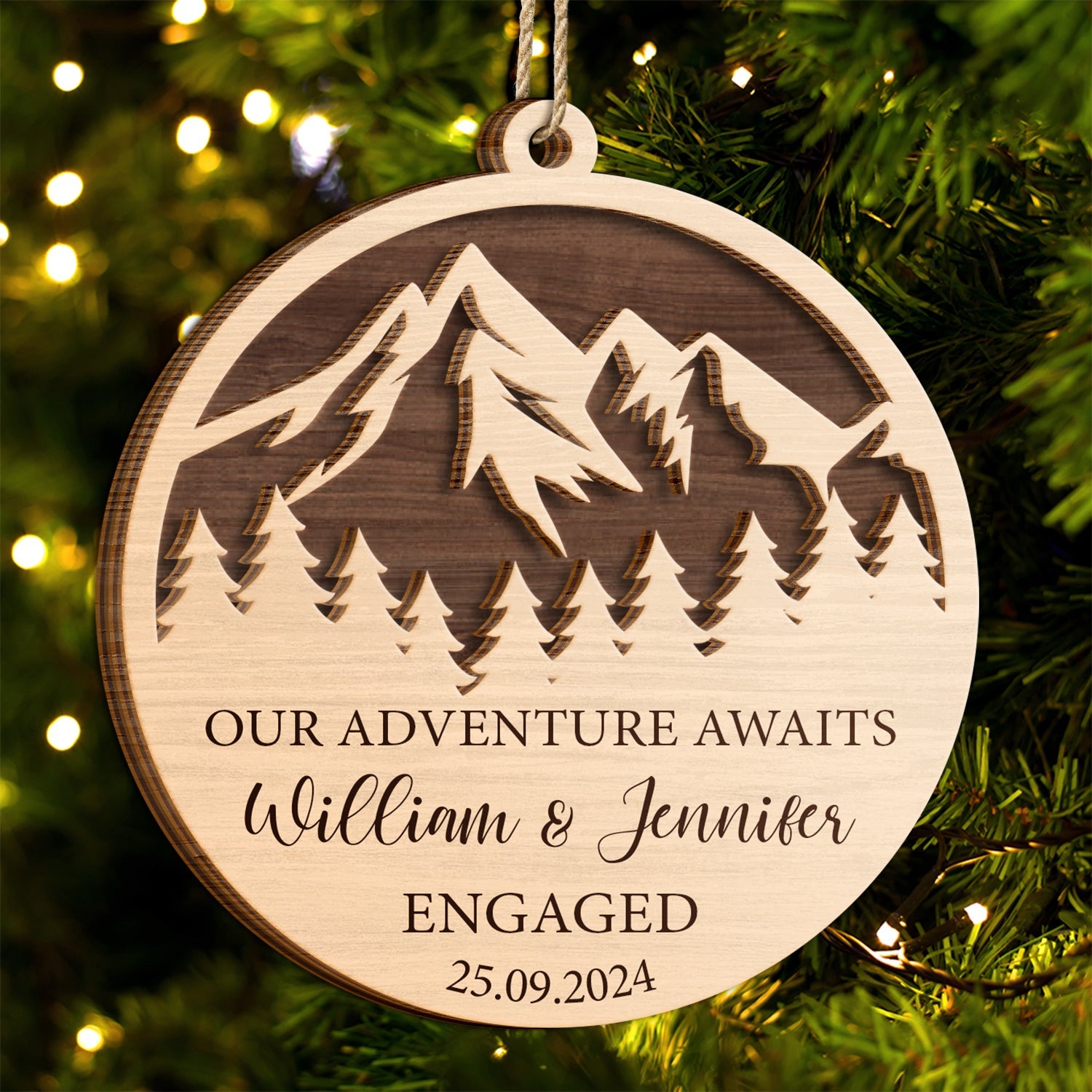 Our Adventure Awaits Engaged - Personalized 2-Layered Wooden Ornament