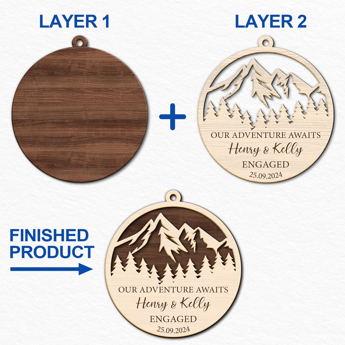 Our Adventure Awaits Engaged - Personalized 2-Layered Wooden Ornament