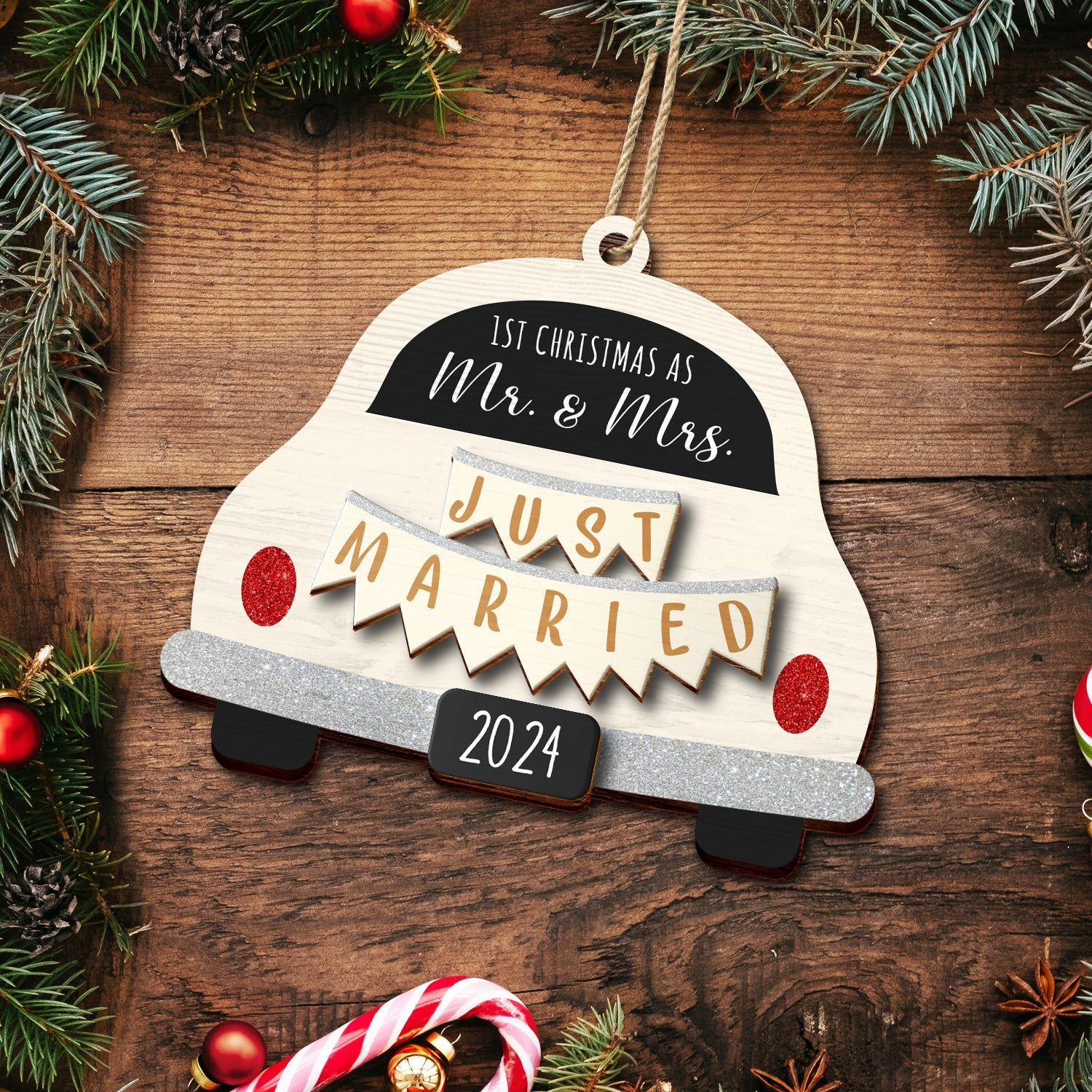 First Christmas Married - Personalized 2-Layered Wooden Ornament