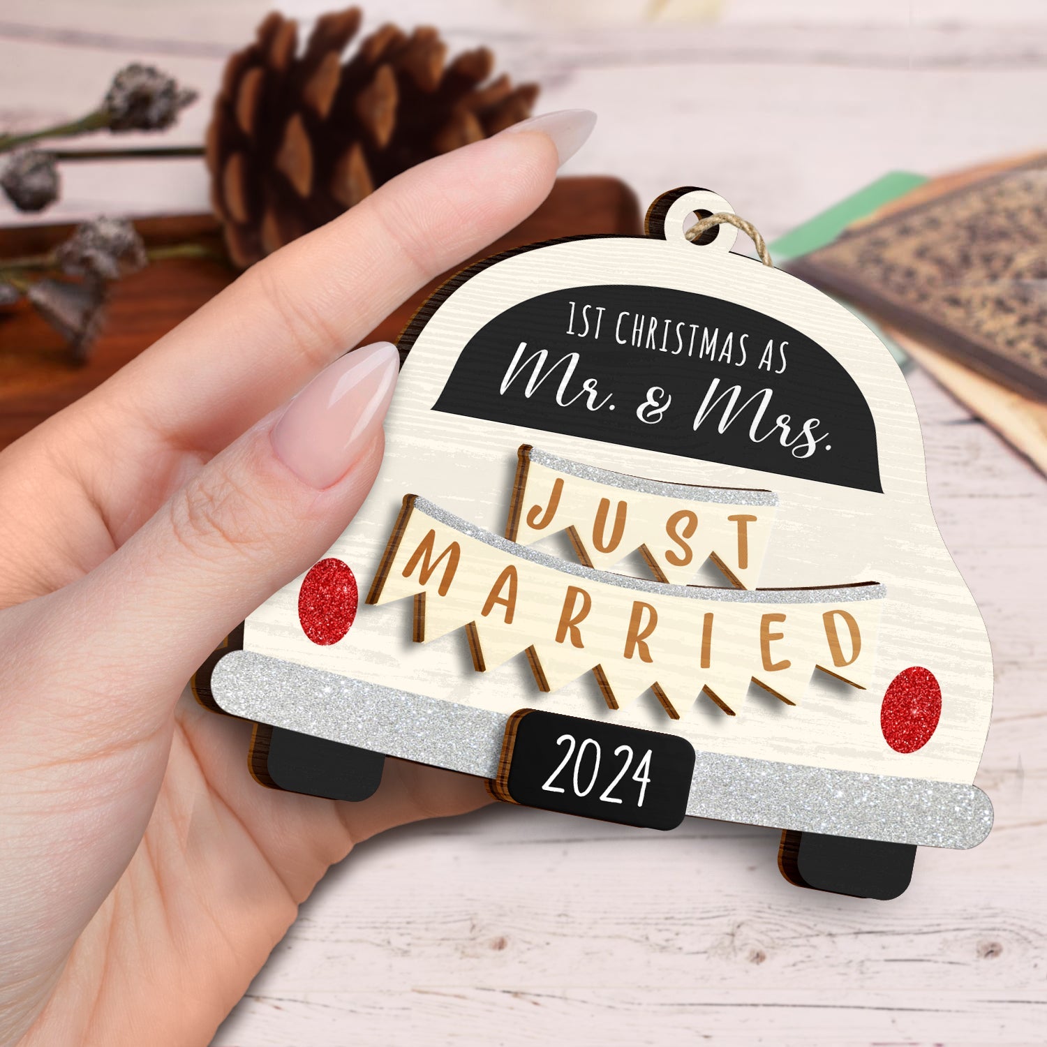 First Christmas Married - Personalized 2-Layered Wooden Ornament