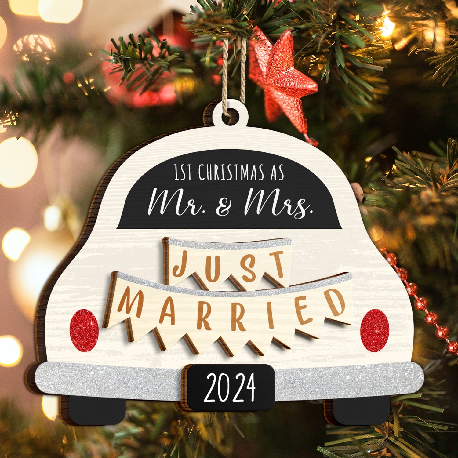 First Christmas Married - Personalized 2-Layered Wooden Ornament