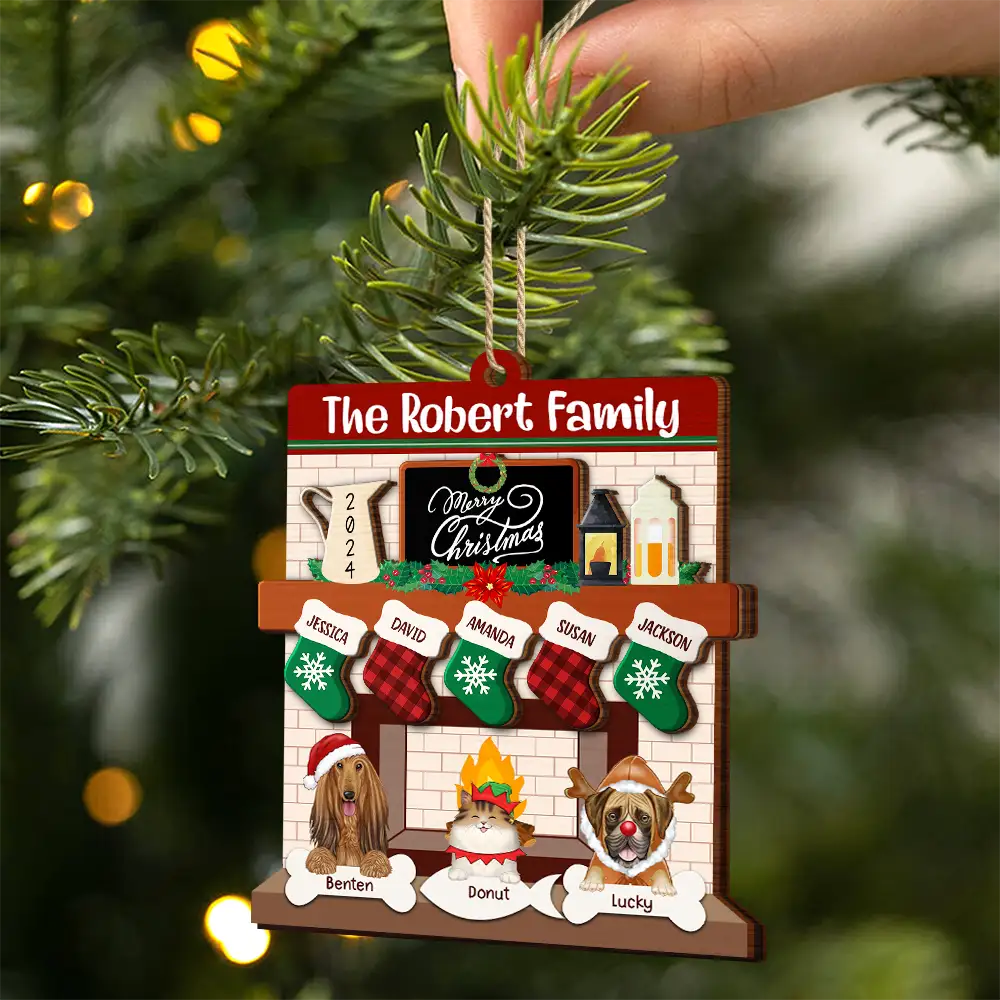 Family - Family Fire Place Stocking Christmas - Personalized 2-Layered Wooden Ornament