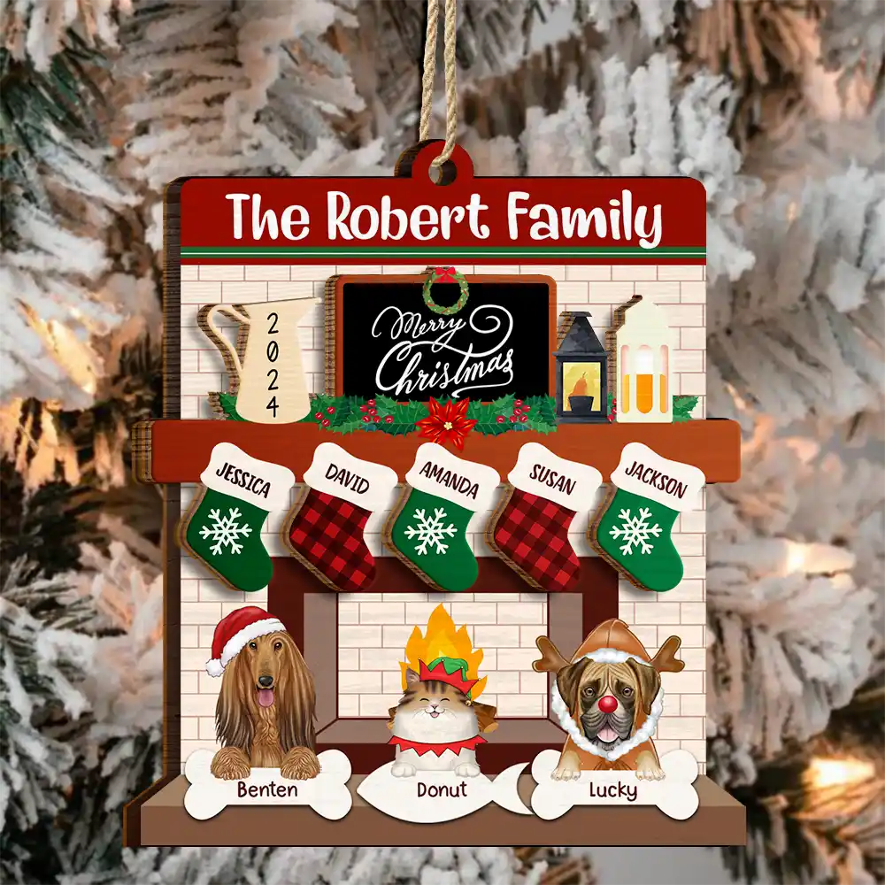 Family - Family Fire Place Stocking Christmas - Personalized 2-Layered Wooden Ornament