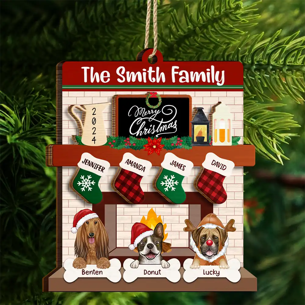 Family - Family Fire Place Stocking Christmas - Personalized 2-Layered Wooden Ornament