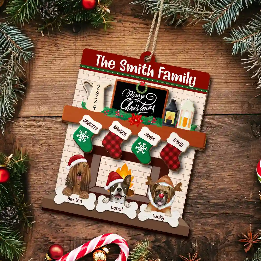 Family - Family Fire Place Stocking Christmas - Personalized 2-Layered Wooden Ornament