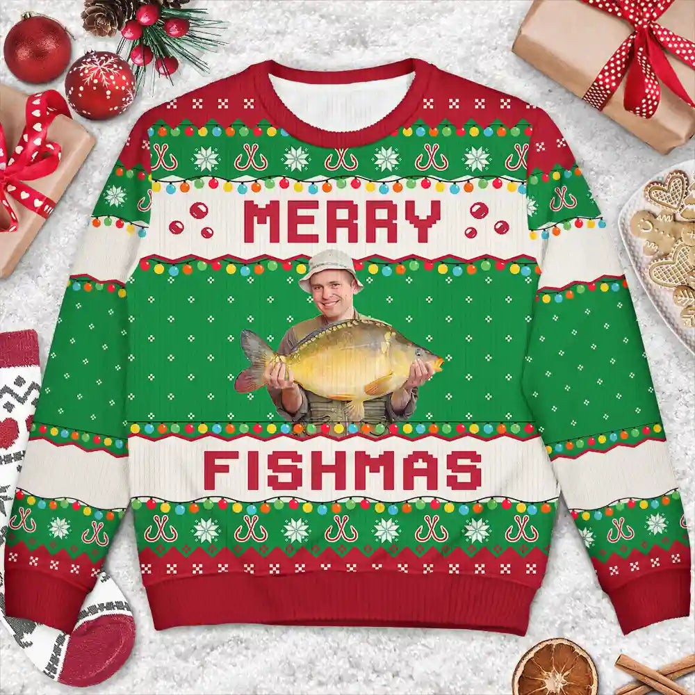 Christmas,Fishing,Custom Photo,Funny - Custom Photo Merry Fishmas - Personalized Unisex Ugly Sweater