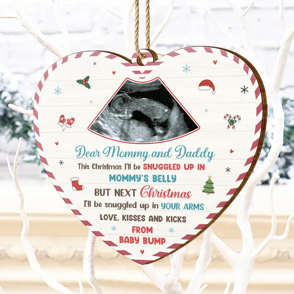 Custom Photo,Christmas,New Dad,New Mom,New baby,Happy - Custom Photo Snuggle Up In Mommy's Belly Christmas - Personalized Custom Shaped Wooden Ornament