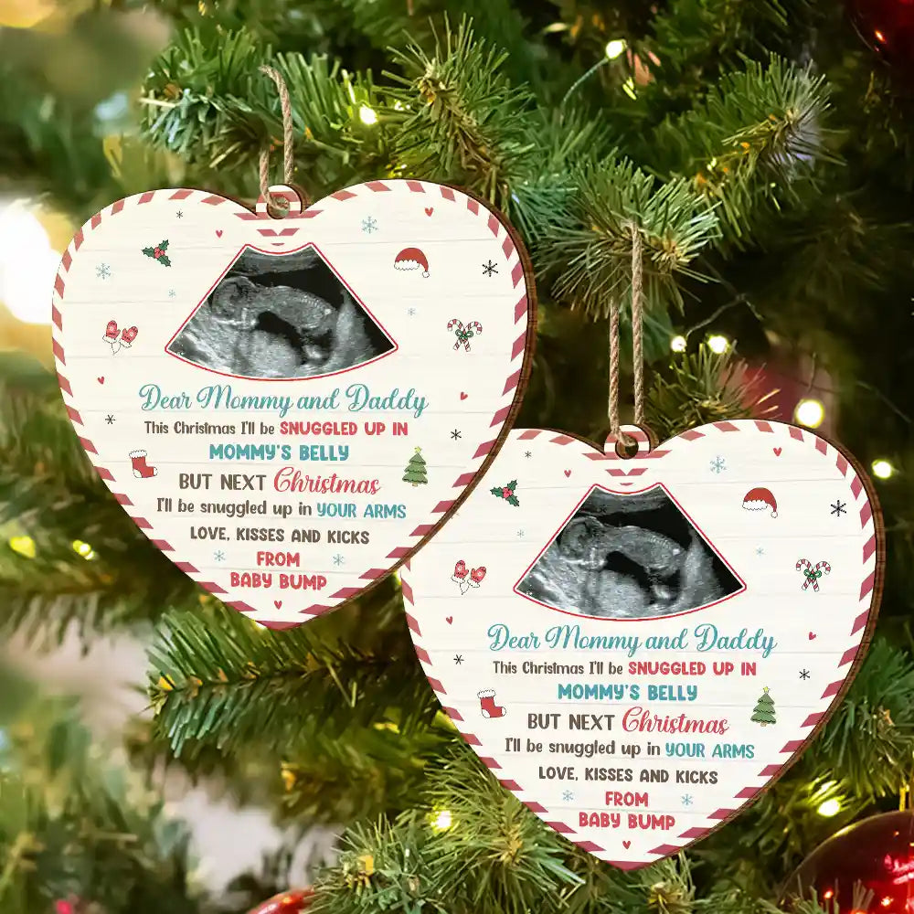 Custom Photo,Christmas,New Dad,New Mom,New baby,Happy - Custom Photo Snuggle Up In Mommy's Belly Christmas - Personalized Custom Shaped Wooden Ornament