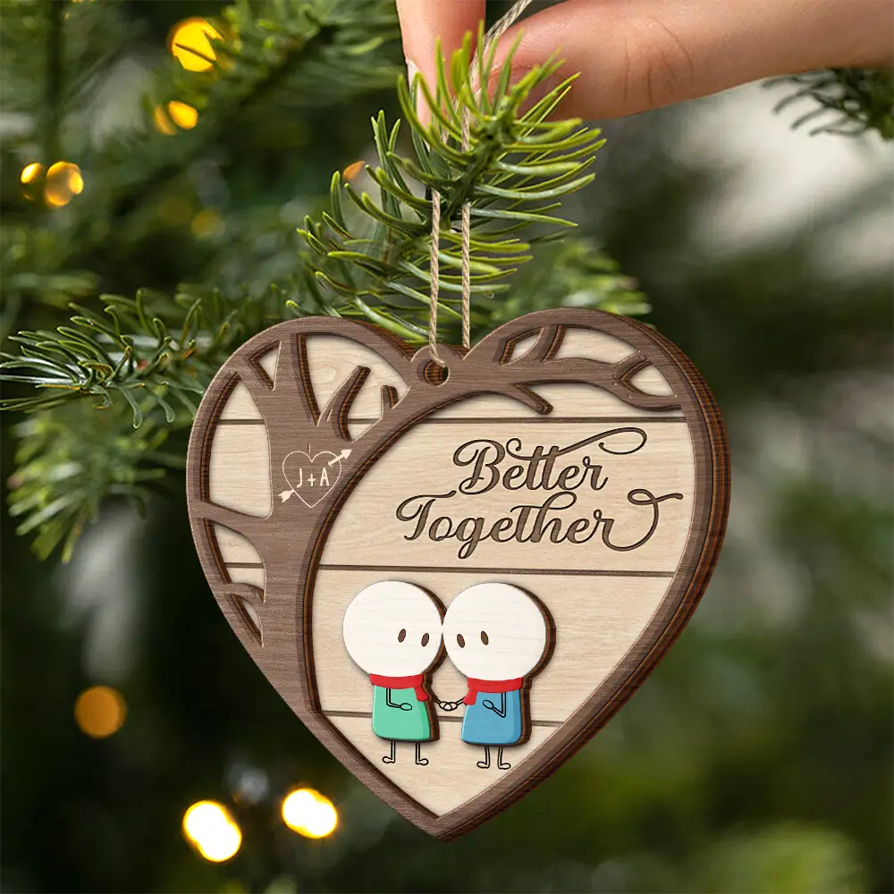 Gift For Couples - Christmas Stickman Couple Better Together - Personalized 2-Layered Wooden Ornament