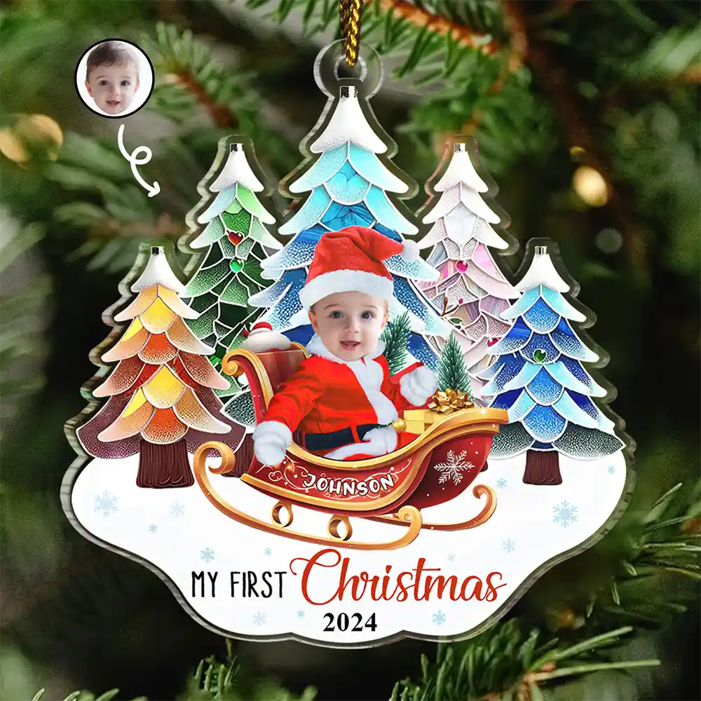 Gift For Kids - Custom Photo Baby In Sleigh First Christmas - Personalized Custom Shaped Acrylic Ornament