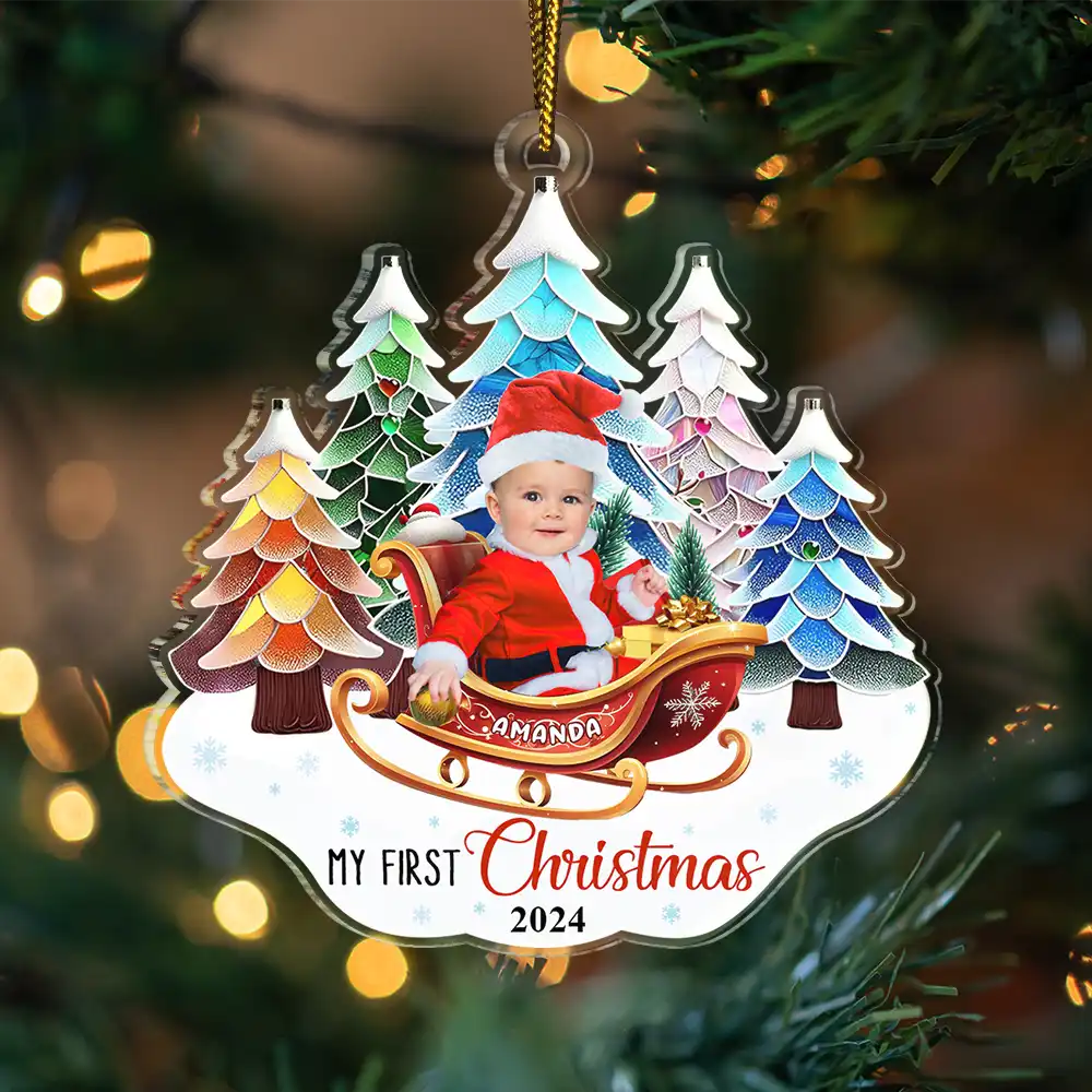 Custom Photo Baby In Sleigh First Christmas - Personalized Custom Shaped Acrylic Ornament