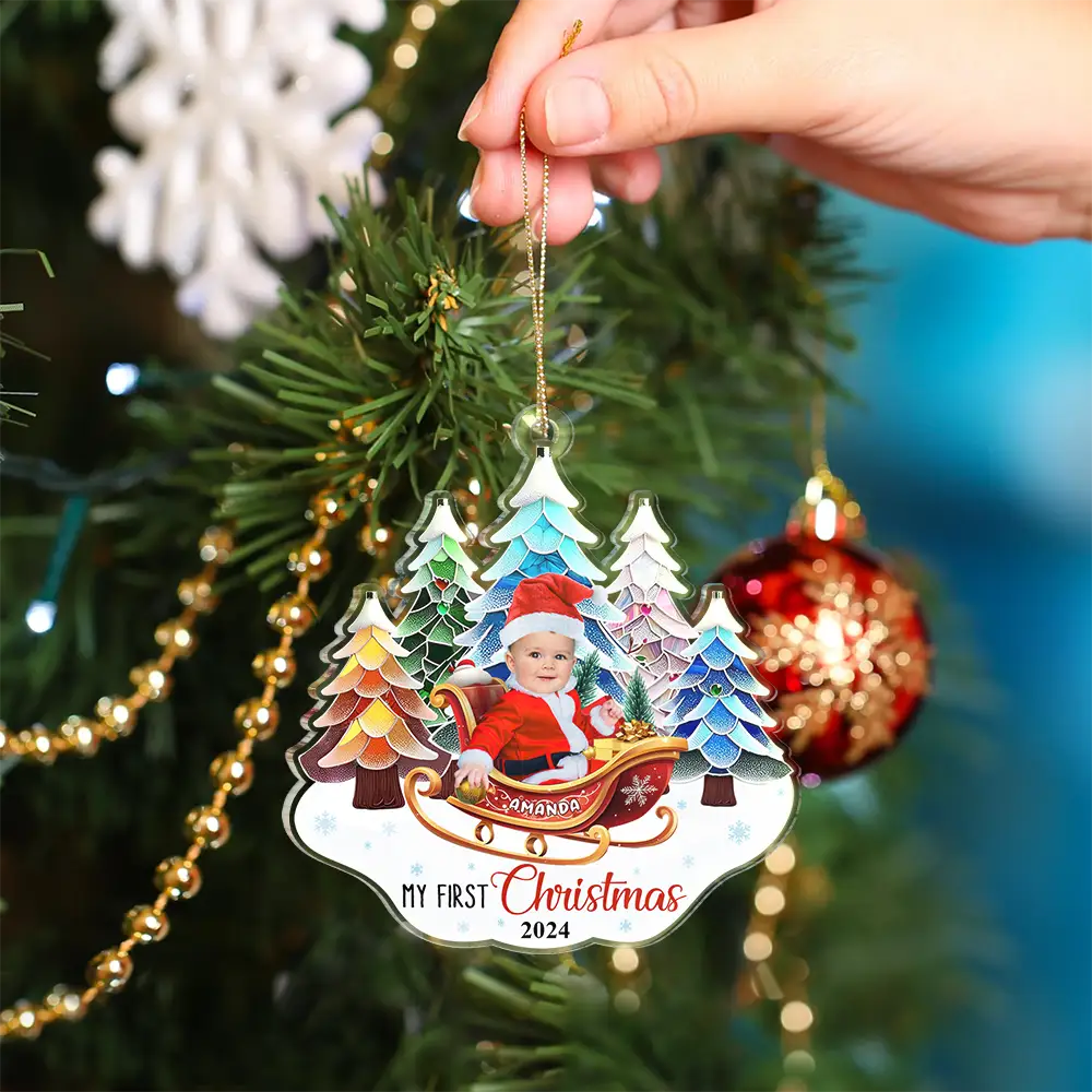 Custom Photo Baby In Sleigh First Christmas - Personalized Custom Shaped Acrylic Ornament