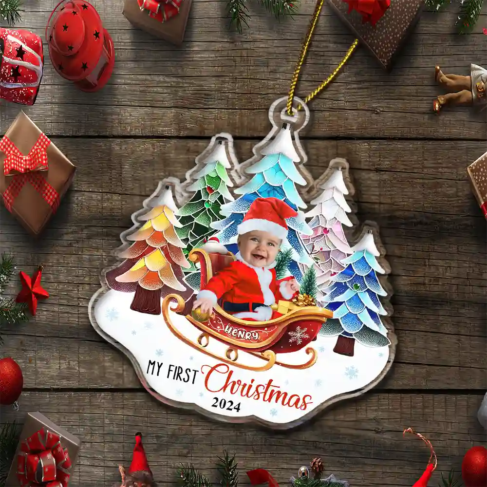 Custom Photo Baby In Sleigh First Christmas - Personalized Custom Shaped Acrylic Ornament