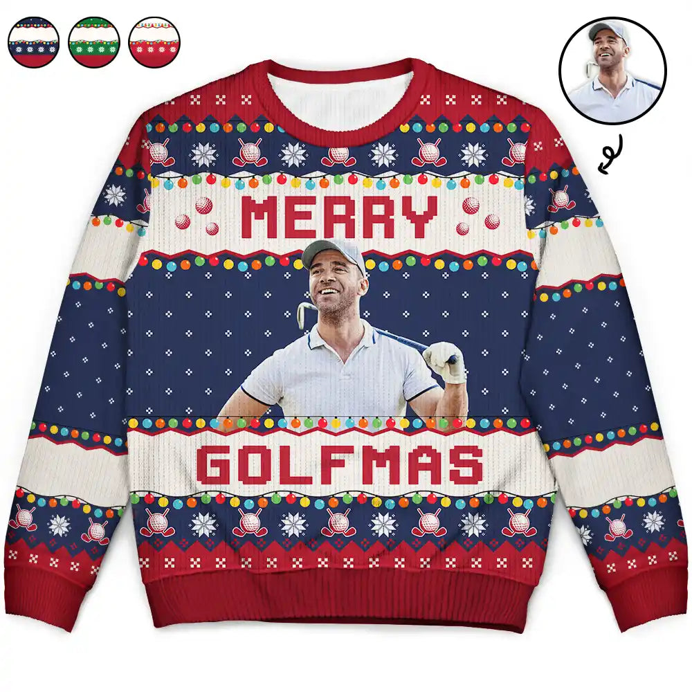 Christmas,Custom Photo,Golf,Funny - Custom Photo Merry Golfmas - Personalized Unisex Ugly Sweater