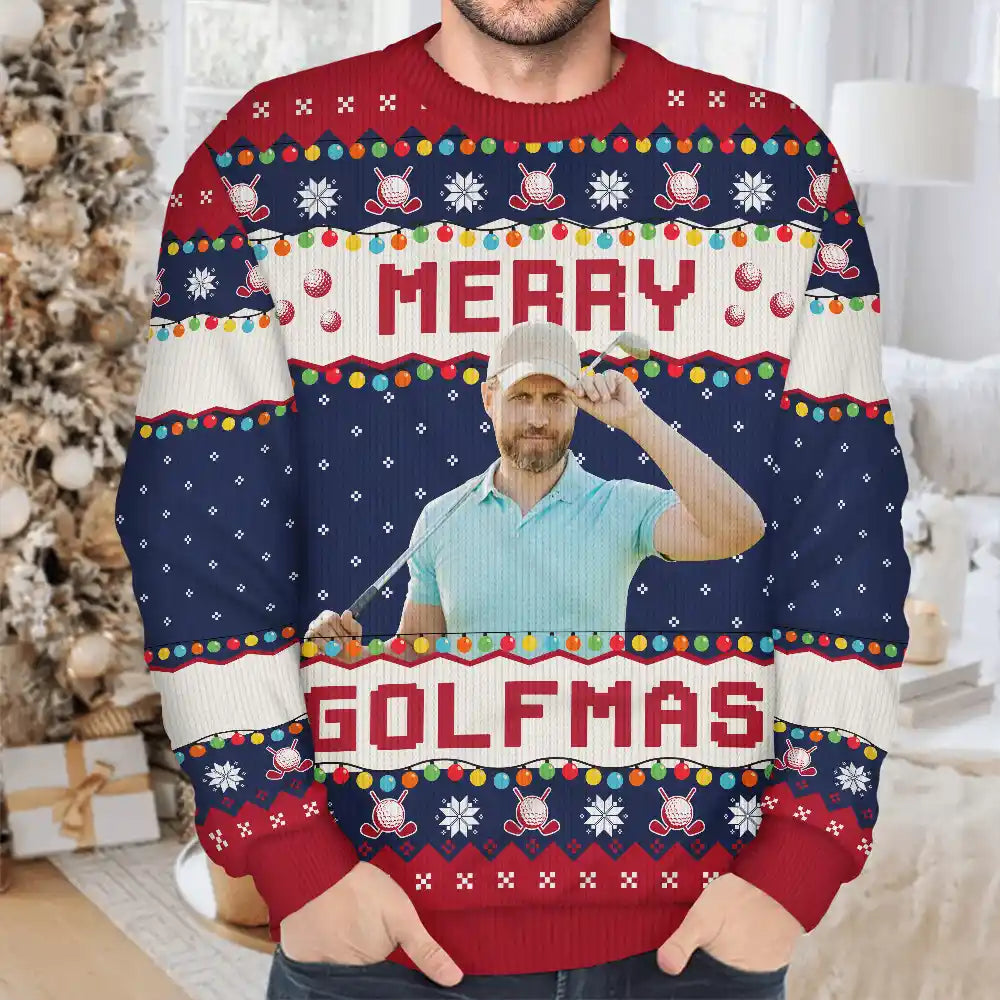 Christmas,Custom Photo,Golf,Funny - Custom Photo Merry Golfmas - Personalized Unisex Ugly Sweater