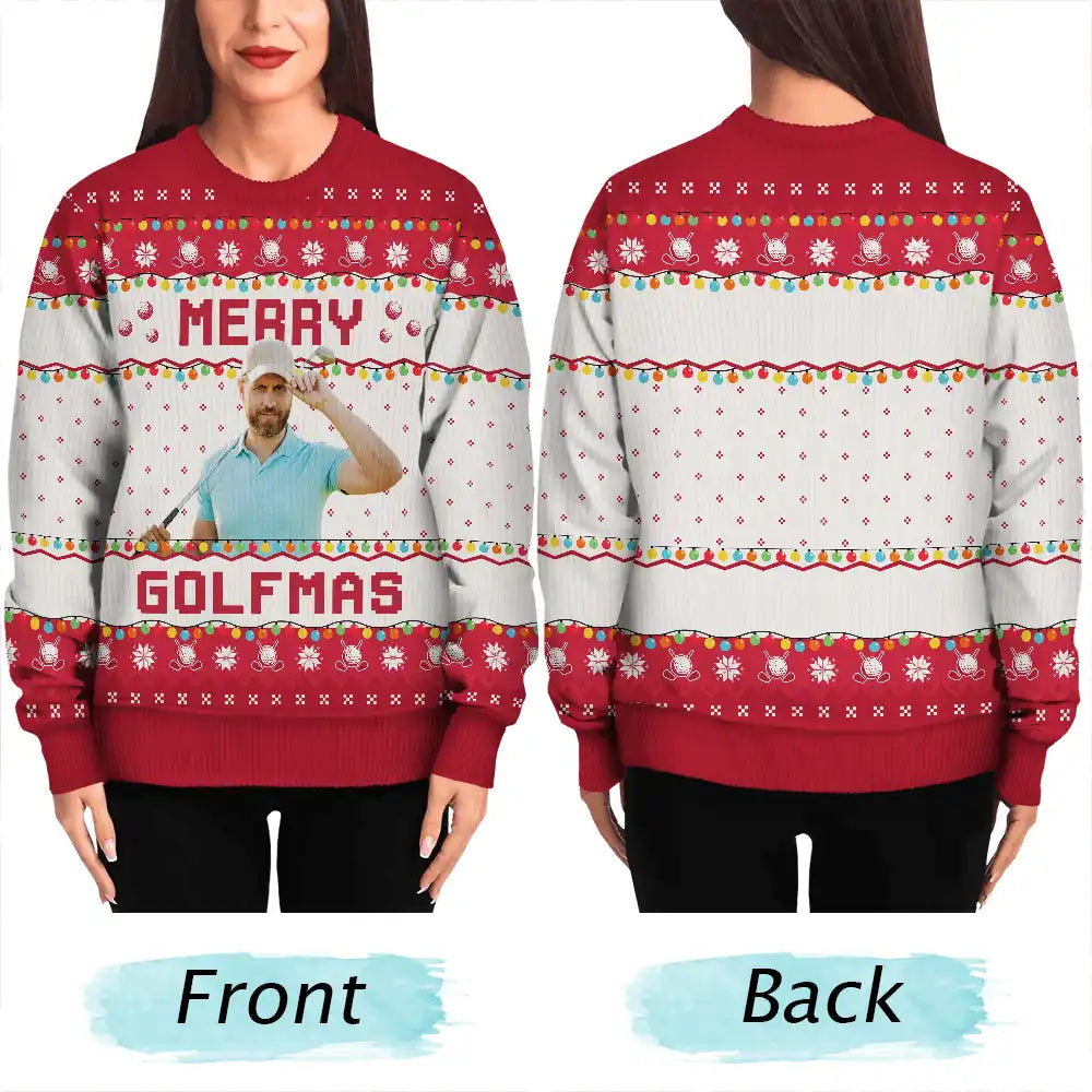 Christmas,Custom Photo,Golf,Funny - Custom Photo Merry Golfmas - Personalized Unisex Ugly Sweater