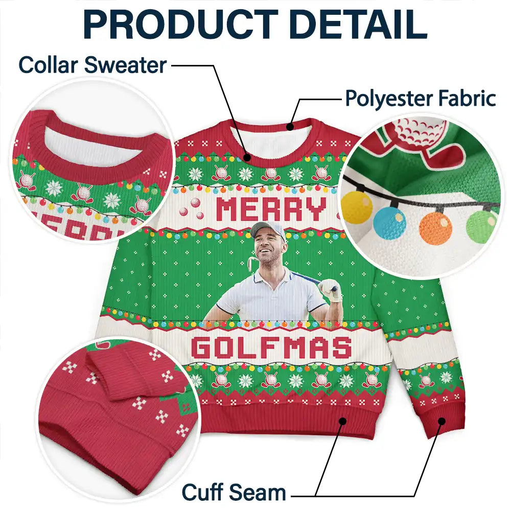 Christmas,Custom Photo,Golf,Funny - Custom Photo Merry Golfmas - Personalized Unisex Ugly Sweater