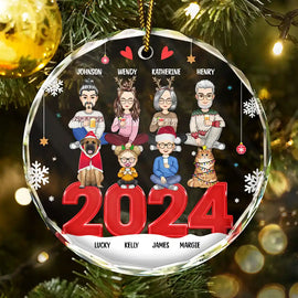 Christmas,Family,Happy - All Family With Dog Cat - Personalized Circle Glass Ornament