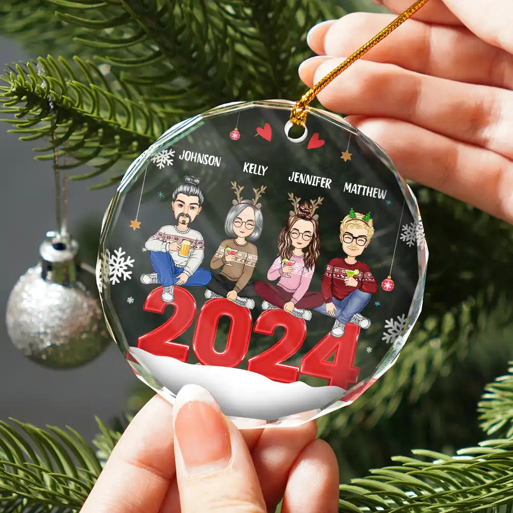 Christmas,Family,Happy - All Family With Dog Cat - Personalized Circle Glass Ornament