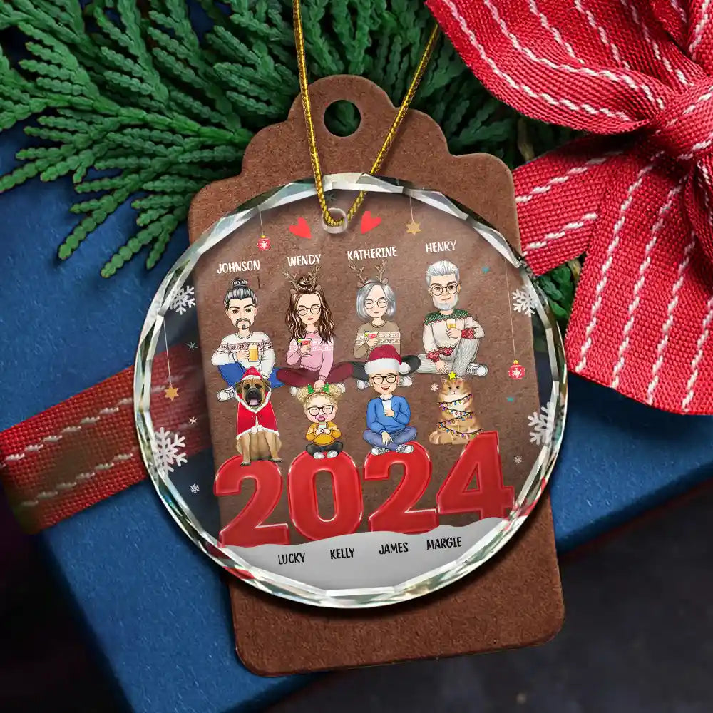 Christmas,Family,Happy - All Family With Dog Cat - Personalized Circle Glass Ornament