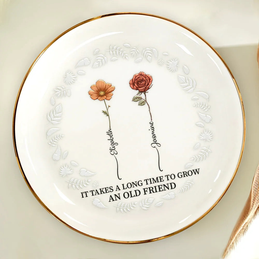 Gift For Bestie - Birth Flower Grow An Old Friend - Personalized Round Ring Dish
