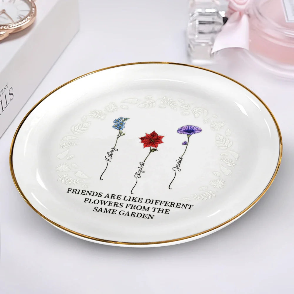 Gift For Bestie - Birth Flower Grow An Old Friend - Personalized Round Ring Dish
