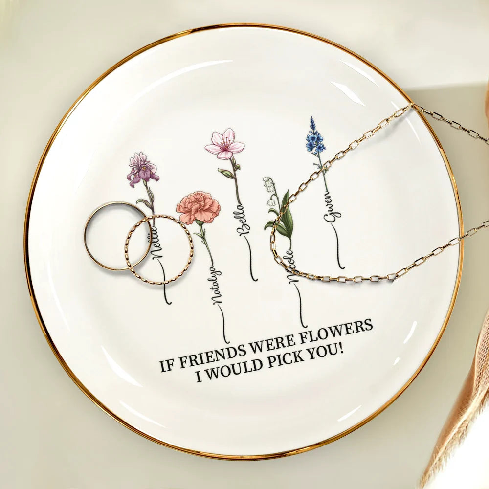 Gift For Bestie - Birth Flower Grow An Old Friend - Personalized Round Ring Dish
