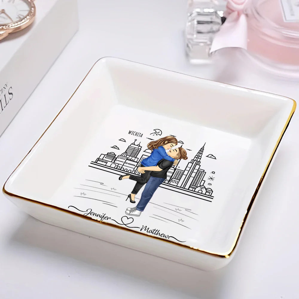 Gift For Couples,Gift For Husband,Gift For Wife,Gift For Boyfriend,Gift For Girlfriend,Happy - City Skyline Couple Married Engaged - Personalized Ring Dish