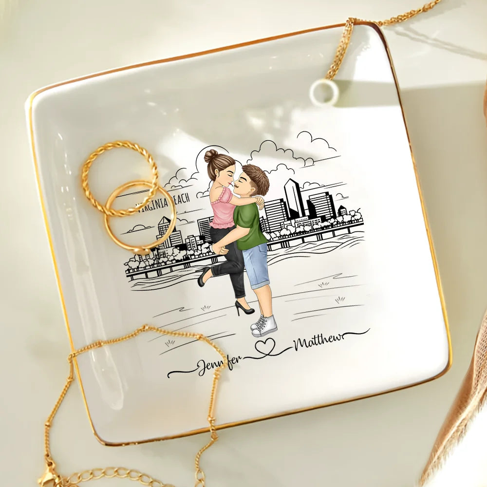 Gift For Couples,Gift For Husband,Gift For Wife,Gift For Boyfriend,Gift For Girlfriend,Happy - City Skyline Couple Married Engaged - Personalized Ring Dish