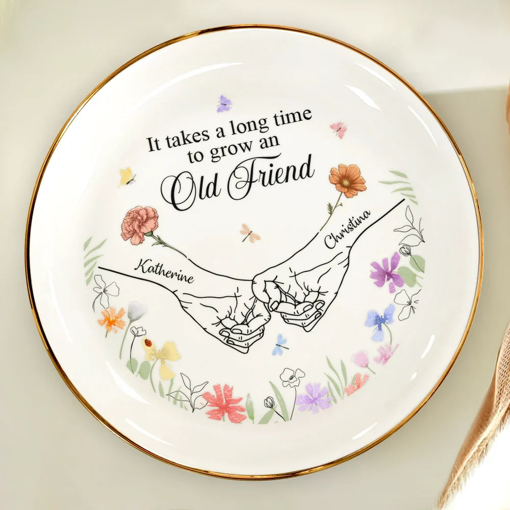 Gift For Bestie,Love - Birth Flower Hands Grow An Old Friend - Personalized Round Ring Dish