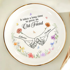 Gift For Bestie,Love - Birth Flower Hands Grow An Old Friend - Personalized Round Ring Dish