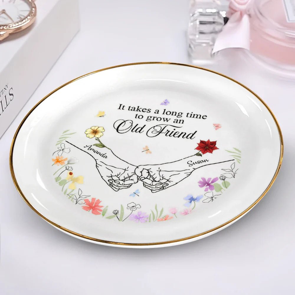 Gift For Bestie,Love - Birth Flower Hands Grow An Old Friend - Personalized Round Ring Dish