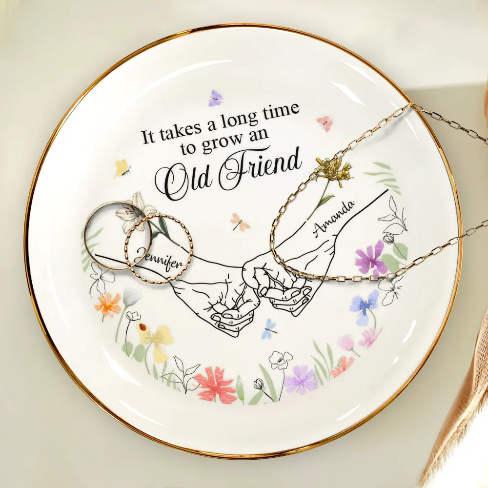 Gift For Bestie,Love - Birth Flower Hands Grow An Old Friend - Personalized Round Ring Dish