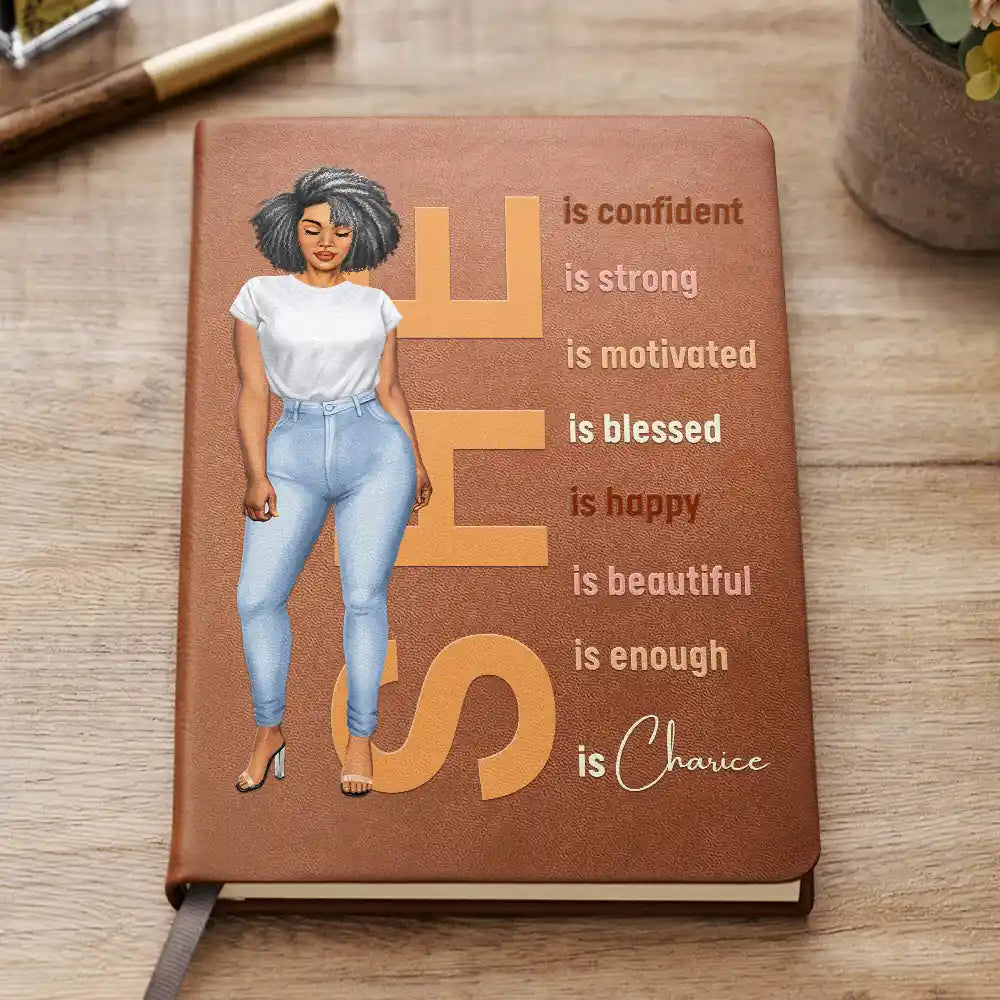 Afro,Love - She Is Confident Strong Motivated - Personalized Leather Journal