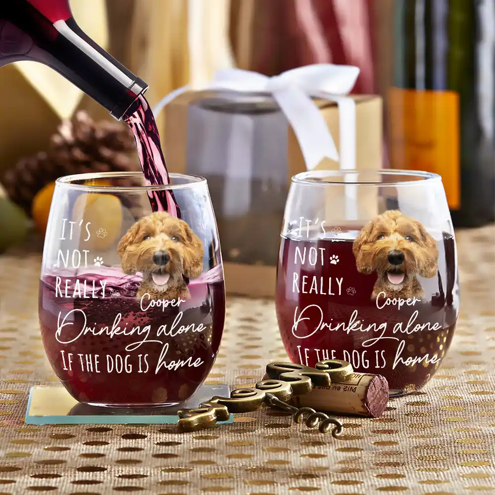 Pet Lovers, Dog Lovers, Cat Lovers - Custom Photo It's Not Really Drinking Alone - Personalized Stemless Wine Glass