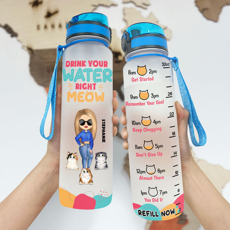 Cat Lovers Drink Your Water Right Meow - Personalized Custom Water Tracker Bottle