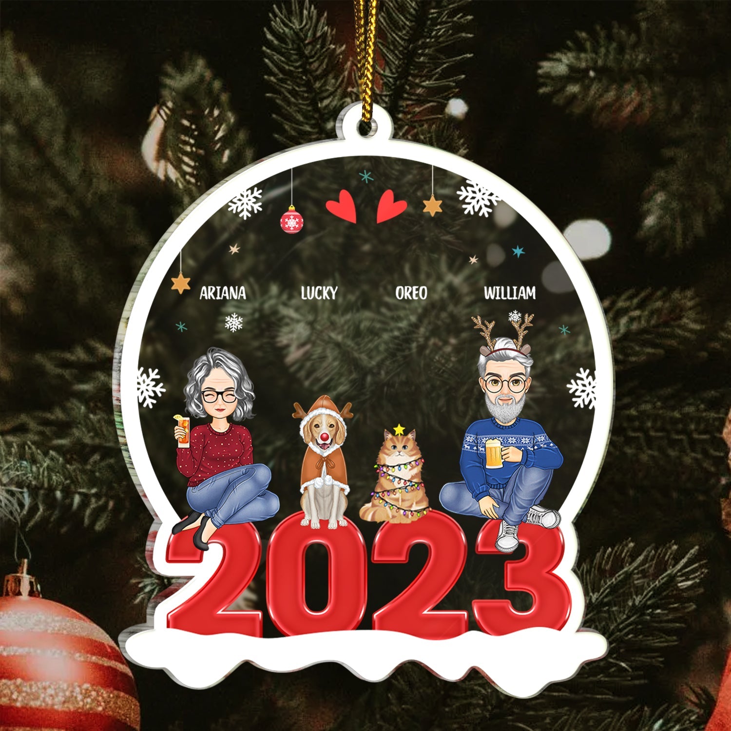 All Family With Dog Cat 2023 - Christmas Gift For Family - Personalized Custom Shaped Acrylic Ornament