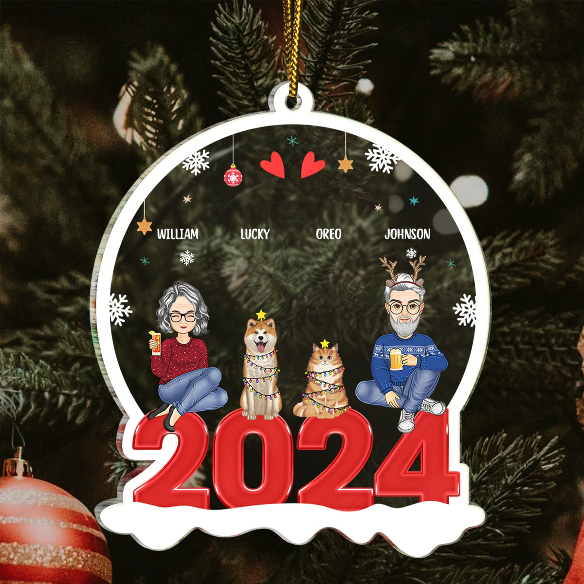 All Family With Dog Cat 2024 - Christmas Gift For Family - Personalized Custom Shaped Acrylic Ornament